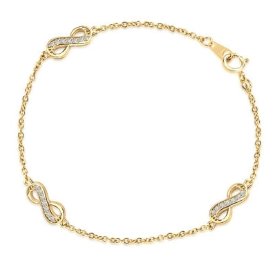 Infinity Bracelet with 0.20 ct. Round Brilliant Diamond Essece Round Stones. 7" Length, Gold Plated Sterling Silver.