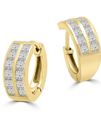 14K Gold Vermeil Huggies With Two Row Of Channel Set Princess Cut Diamond Essence Stone, 1.40 Cts.T.W.