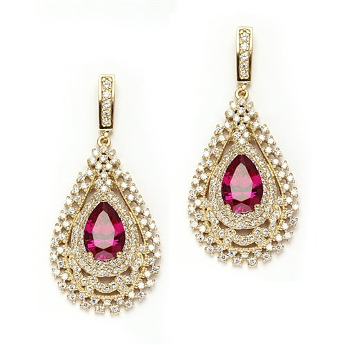 Diamond Essence Designer Earrings with Pear Cut Ruby center in Gold Vermeil.