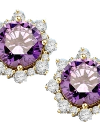 Designer Earrings with Round Amethyst Essence in center Surrounded by Round Brilliant Diamond Essence and Melee. 9.0 Cts. T.W. set in 14K Gold Vermeil.