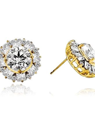 Designer Earrings With Round Brilliant Diamond essence in center surrounded by alternately set Princess and melee. 14.5 Cts T.W. set in 14K Gold Vermeil.