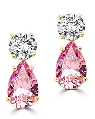 Best Selling Tear Drop Diamond Essence Earrings - White Brilliant Round Stone is 2 Ct and Pink Essence Pear Stone is 5 Ct. A Brilliant Sparkle of 14 Cts. T.W. for the pair of earrings! In Gold Vermeil.