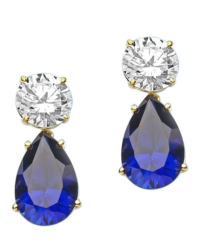 Diamond Essence Earrings, 5.0 Cts. each Pear cut Sapphire Essence dropping off from 2.0 Cts. each Round Diamond Essence Studs, 14.0 Cts. T.W. set in 14K Gold Vermeil.