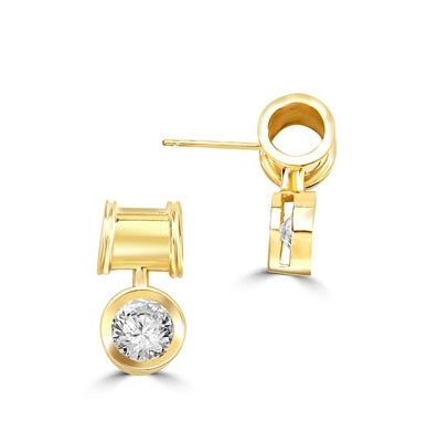 Unique Bezel set drop earring with 2 Cts. T.W. Round Diamond Essence, in 14k Gold Vermeil.