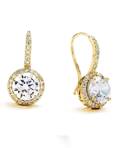 Diamond Essence Drop Earrings With Wire, 2 Cts. Each Round Brilliant Stone With Melee Around And On Bail, 5 Cts.T.W. In 14K Gold Vermeil.