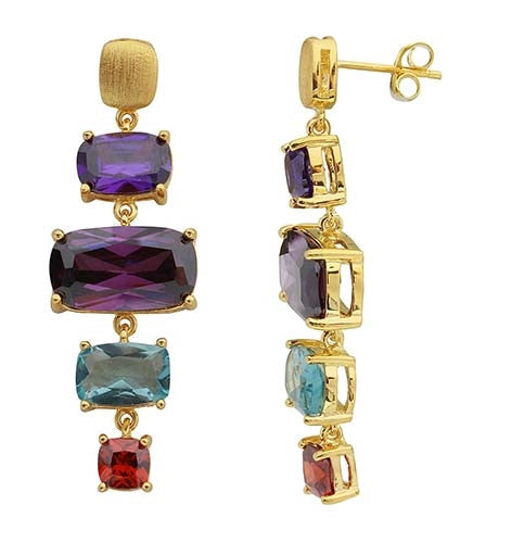 Diamond Essence Gold Plated Sterling Silver Earrings with Multi Color Rectangular Cushion Stones, 1.5 cts. Dark Purple 5 cts. Dark Amethyst, 1.5 cts. Aquamarine and 0.75 ct. Garnet Essence. 17.5 Cts.T.W.
Earring length 42mm and width 14mm.