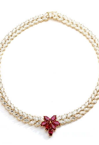 Designer Necklace with Marquise cut Ruby Floral in center and 2 rows of graduating Marquise Essence all around neckline. Appx. 72.0 Cts.t.w. set in 14K Gold Vermeil.