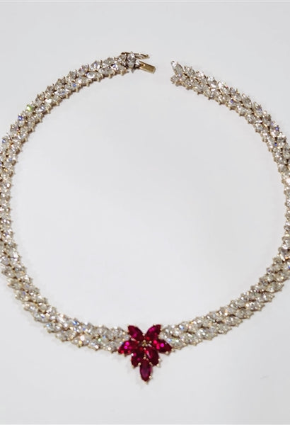 Designer Necklace with Marquise cut Ruby Floral in center and 2 rows of graduating Marquise Essence all around neckline. Appx. 72.0 Cts.t.w. set in 14K Gold Vermeil.