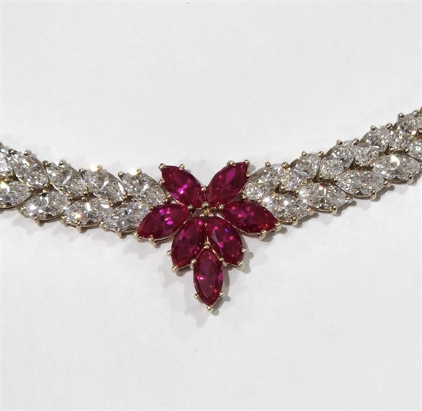 Designer Necklace with Marquise cut Ruby Floral in center and 2 rows of graduating Marquise Essence all around neckline. Appx. 72.0 Cts.t.w. set in 14K Gold Vermeil.