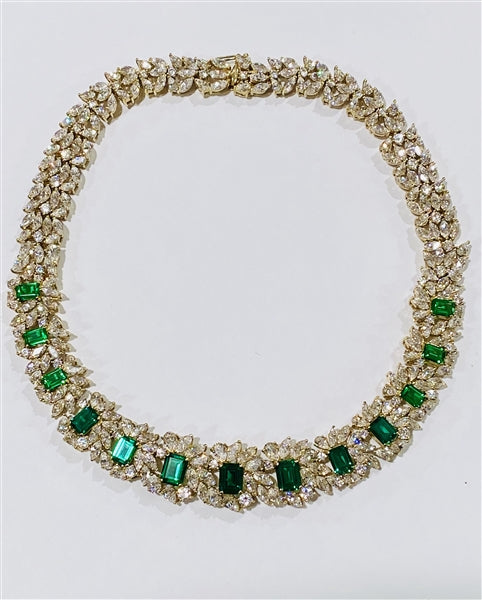 Prong Set Designer Necklace with Simulated Emerald Cut Emerald, Pear, Marquise Essence and Round Brilliant Diamonds by Diamond Essence set in Vermeil