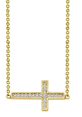 East-West Cross Necklace with 16" long attached chain and 0.25 ct.t.w. Diamond Essence Melee, in Gold Plated Sterling Silver.
