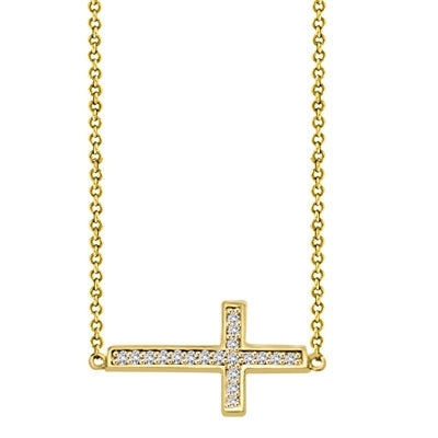 East-West Cross Necklace with 16" long attached chain and 0.25 ct.t.w. Diamond Essence Melee, in Gold Plated Sterling Silver.