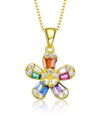 Diamond Essence Delicate Designer Floral Pendant with Multi Color Baguettes and Brilliant Melee, 1.10 Cts.t.w. set in Gold Plated Sterling Silver. 18mm Length, 11mm Width.