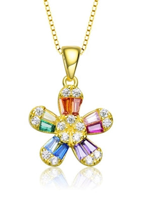 Diamond Essence Delicate Designer Floral Pendant with Multi Color Baguettes and Brilliant Melee, 1.10 Cts.t.w. set in Gold Plated Sterling Silver. 18mm Length, 11mm Width.