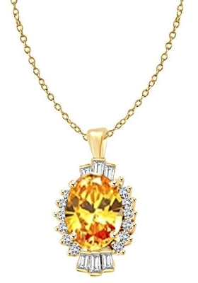 Diamond Essence Pendant in Gold Vermeil with 10 cts. Oval Canary in center. Round Essence and Baguettes on either side, set in prong settings, makes it a designer wear. 13.0 cts.T.W.