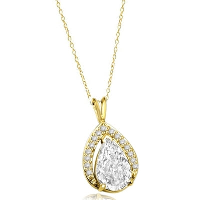Amazingly designed Pendant with 3.50 Cts. Pear Cut Center and Melee, 4.0 Cts. T.W. in 14K Gold Vermeil.
Free Silver Chain Included.