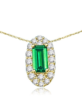 Emerald City Pendant with a 3.0 Cts. Emerald Cut Emerald Essence center surrounded by fiery Round Cut Diamond Essence Stones, 3.30 Cts. T.W. in 14K Gold Vermeil.
Free Silver Chain Included.