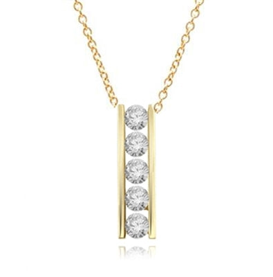 Diamond Essence round brilliant stones, 0.5 ct. each, set in a row between two bars channel setting. 2.5 cts.t.w.in Gold Vermeil.