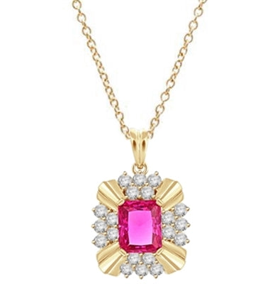 Diamond Essence 4 carat Ruby Emerald cut stone supported by silver bars on four corners and group of five round brilliant stones on each side. 6 cts.t.w. set in Gold Plated Over Sterling Silver.