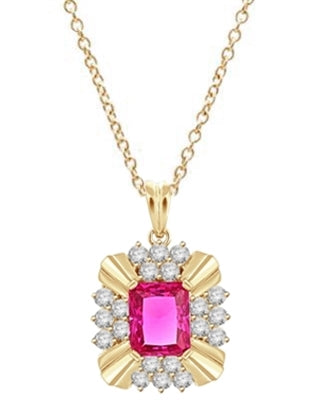 Diamond Essence 4 carat Ruby Emerald cut stone supported by silver bars on four corners and group of five round brilliant stones on each side. 6 cts.t.w. set in Gold Plated Over Sterling Silver.