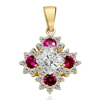 Designer Pendant with Asscher cut Diamond Essence in center surrounded by Floral designs created with Round Ruby Essence and Melee. 6.0 Cts. T.W. set in 14K Gold Vermeil.
