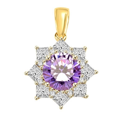 Pendant with Round Lavender Essence in center surrounded by Princess Cut Diamond Essence and Melee. 6.5 Cts. T.W. set in 14K Gold Vermeil.