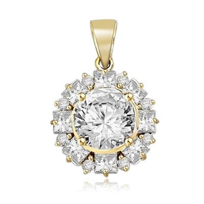 Designer Pendant with 4.0 Cts Round Brilliant Diamond Essence in center surrounded by alternately set in Princess and Melee. 7.25 Cts T.W. in 14K Gold Vermeil.