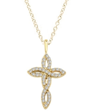 Diamond Essence 1" long Cross Pendant with delicate interwined design, 0.60 ct.t.w. in Gold plated Sterling Silver.
