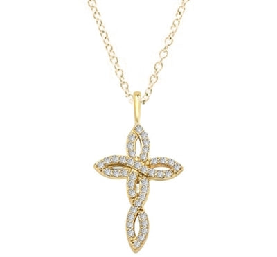 Diamond Essence 1" long Cross Pendant with delicate interwined design, 0.60 ct.t.w. in Gold plated Sterling Silver.
