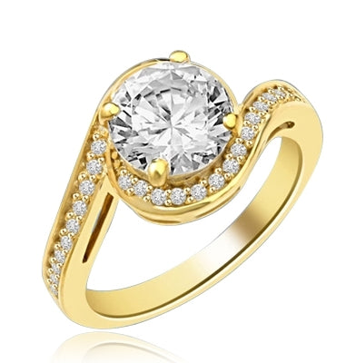 Diamond Essence Round Brilliant stone 2.0 ct set in four prongs and surrounded by round melee artistically set in curved band of Gold Vermeil.