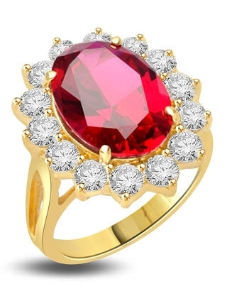 Princess Ring with 6.0 Cts. Oval cut Ruby Essence center surrounded by 14 Round Brilliant Diamond Essence stones 6.50 Cts. T.W. set in 14K Gold Vermeil.