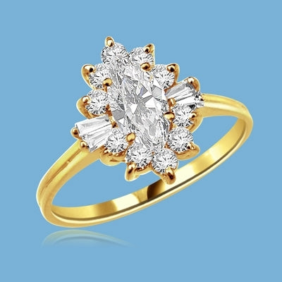 Honeysuckle Rose - 1 Ct. Marquise Cut Center stone with Baguettes and Round Accent Masterpieces. 1.3 Cts. T.W. in Gold Vermeil.