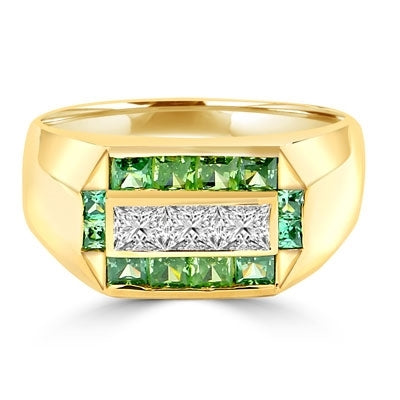 Man's Ring with 0.75 cts., Radiant Square Diamond Essence Center Stones surrounded by 1.0 cts. Princess Cut Emerald Essence, channel set in 14K Gold Vermeil.