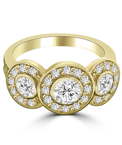 Three stone ring with surrounded melee,1.35 cts. t.w. in 14K Gold Vermeil.