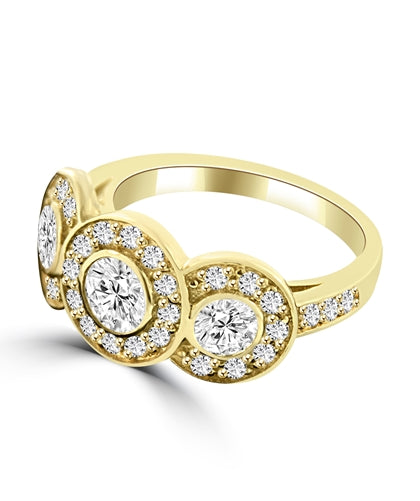 Three stone ring with surrounded melee,1.35 cts. t.w. in 14K Gold Vermeil.