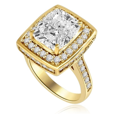 Cocktail Ring - Cushion cut Diamond Essence in Center With Melee around center Stone and on band. 6.5 Cts T.W. set in 14K Gold Vermeil.
