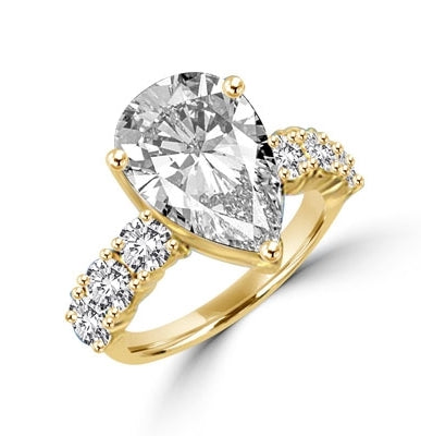 Prong Set Designer Ring with Artificial Pear Cut Diamond and Round Brilliant Melee by Diamond Essence set in Vermeil