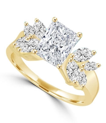 Apassionata - Unusualluy stylish Ring with 1.5 Cts. Radiant Emerald Diamond Essence center and Marquise accents, 3 Cts. T.W, in Gold Vermeil.