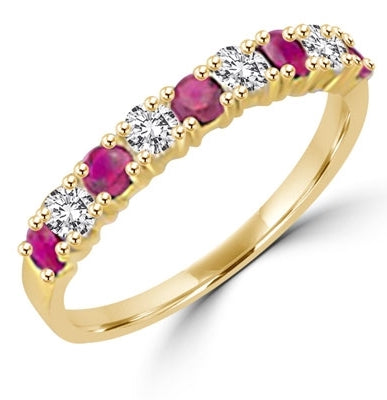 Simple but elegant, this 14K Gold Vermeil ring with Diamond Essence round brilliant stones and ruby stones. 1.2 cts.t.w. (Also available in 14K Solid Gold, Item#GRD186).
