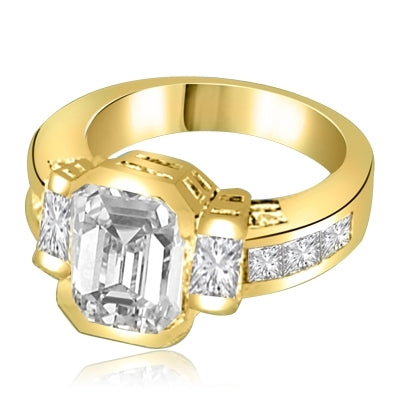 Not for the shy - this exquisite Ring with a 4 Ct. Bezel Set Radiant Emerald Cut Diamond Essence Masterpieces in the center and Princess Cut accents on both sides. 6 Cts. T.W, in Gold Vermeil.