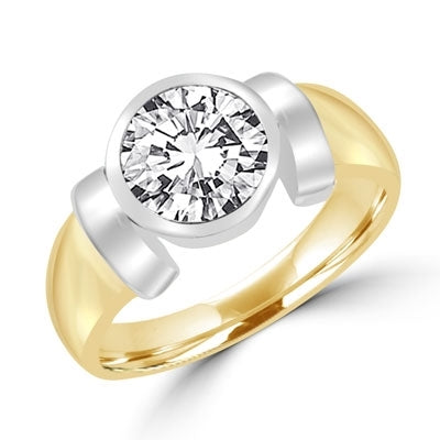 Solitaire Ring with 2ct. Round Brilliant Diamond Essence, bezel set in 14k Gold Vermeil.