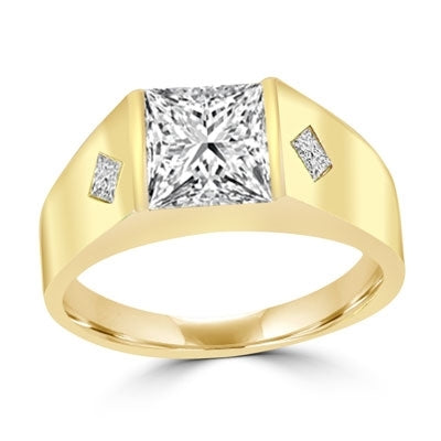 14K Gold Vermeil mans wide ring with a hefty channel-set 1.25 ct. Square cut masterpiece and twin satellites inlayed below in the wide gold band. 1.35 cts. t.w.