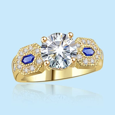 gold vermeil ring with round and sapphire diamonds with melee