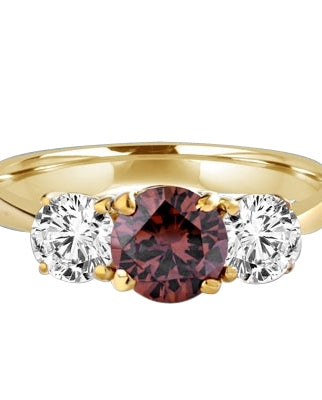 Diamond Essence Three stone Ring with 1.0 ct. round Chocolate Essence center and 0.5 ct. Round Brilliant stones on each side, 2.0 Cts. T.W. set in 14K Gold Vermeil.