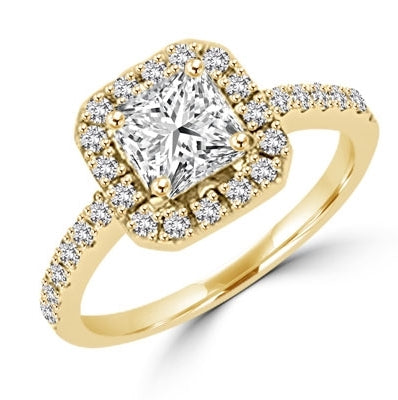 Diamond Essence Designer Ring with 1.25 ct. Asscher cut center surrounded by round stones. 1.75 ct. tw. in Gold Vermeil.