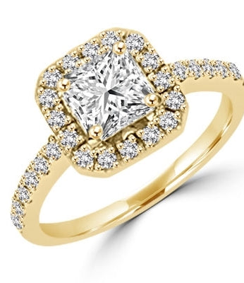 Diamond Essence Designer Ring with 1.25 ct. Asscher cut center surrounded by round stones. 1.75 ct. tw. in Gold Vermeil.