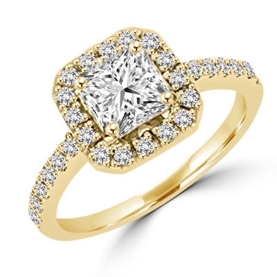 Diamond Essence Designer Ring with 1.25 ct. Asscher cut center surrounded by round stones. 1.75 ct. tw. in Gold Vermeil.