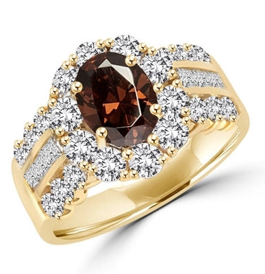 Diamond Essence Designer Ring with 1.0 ct. Oval cut Chocolate center surrounded by round stones and three rows of Diamond Essence stones, Princess in middle and Round on each side. 4.00 ct. tw. in Gold Vermeil.