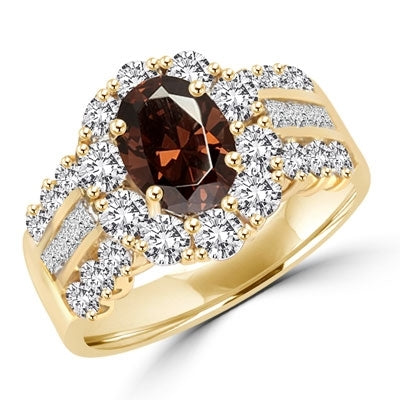 Diamond Essence Designer Ring with 1.0 ct. Oval cut Chocolate center surrounded by round stones and three rows of Diamond Essence stones, Princess in middle and Round on each side. 4.00 ct. tw. in Gold Vermeil.
