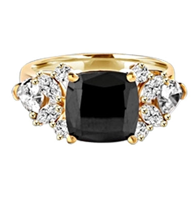 Diamond Essence Designer ring with 4.0 ct. Onyx center with round, marquies and heart shaped stones on each side, 6.5 cts. T.W. set in 14K Gold Vermeil.